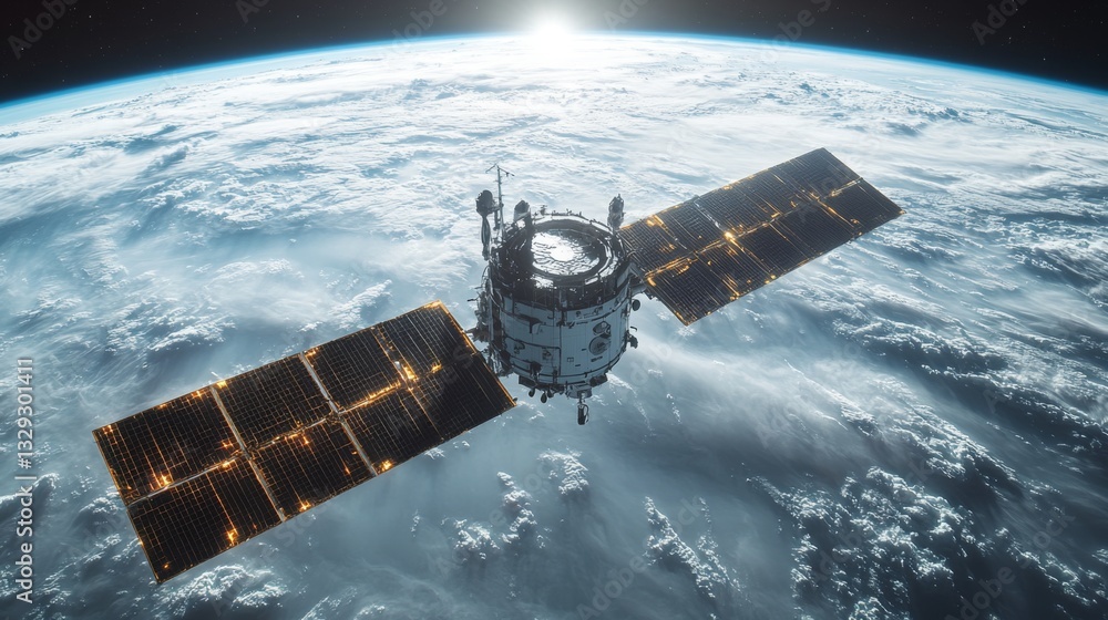 Fototapeta premium A satellite orbits the Earth, equipped with solar panels, gathering and transmitting telemetry data to analyze cosmic radiation and atmospheric conditions, contributing to astrophysics research.