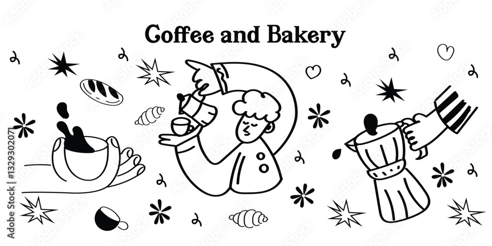 Fototapeta premium Charming doodle-style coffee shop and bakery icons! This vector set features hand-drawn outline illustrations of café essentials, from coffee cups and pastries to brewing equipment and supplies. Perfe