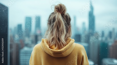 A woman in a yellow hoodie gazes thoughtfully at the bustling city below, framed by a drizzly window, encapsulating urban life and quiet reflection amidst chaos.