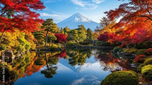 Autumn park with trees reflecting in a calm lake surrounded by mountains and forest ,Autumn in Japanese garden fuji moutain