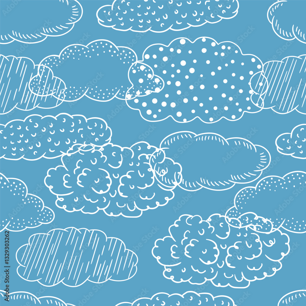 Fototapeta premium White doodle clouds on blue background hand drawn vector seamless pattern repeating backdrop
