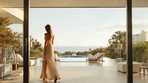 Luxury Living: A woman in elegant dress strolls gracefully through the expansive, open design of a high-end, modern home, offering a stunning view of a serene pool and the endless ocean horizon. 