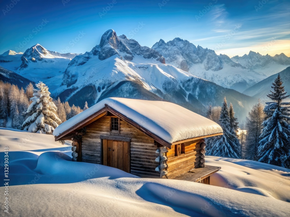 Fototapeta premium Minimalist winter wonderland: snow-covered cabin, breathtaking mountain view.