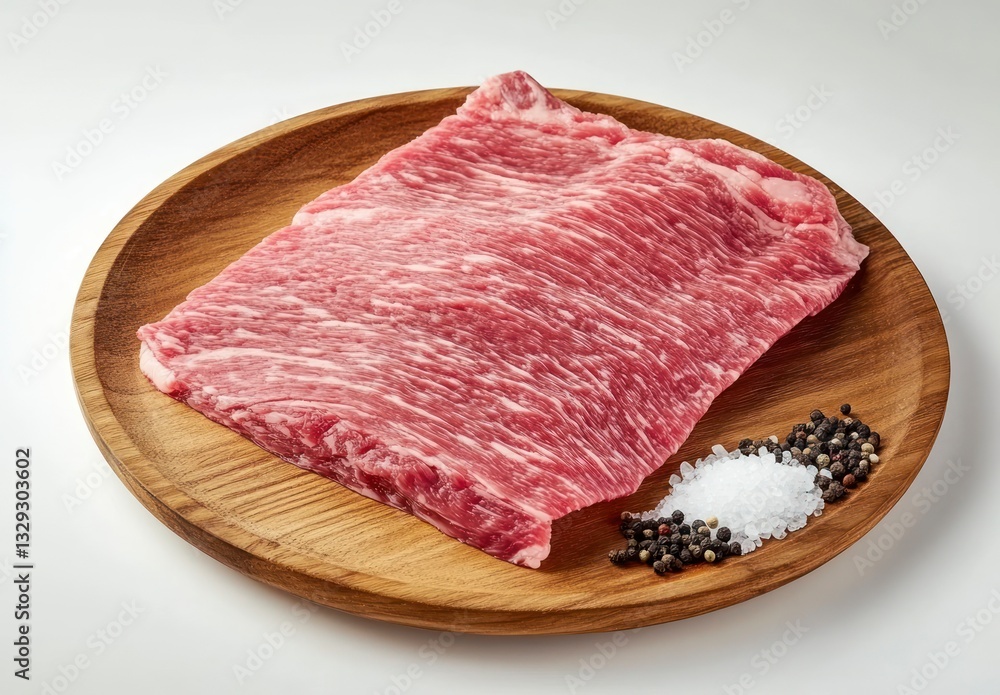 Preparing Wagyu Flank Steak on Wood Plate with Salt and Pepper Preparing Wagyu Flank Steak on Wood Plate with Salt and Pepper