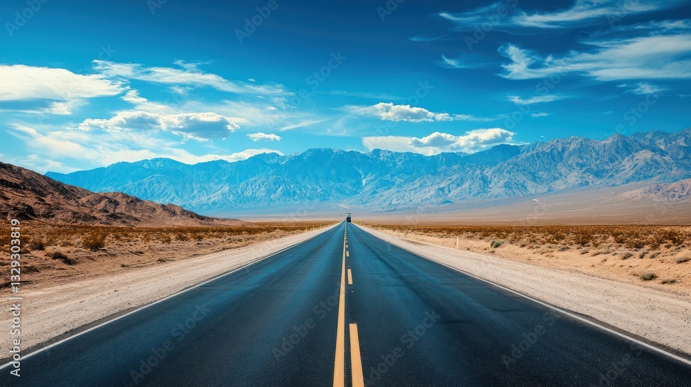 Naklejka premium Open road through desert landscape leading to mountains under a blue sky.
