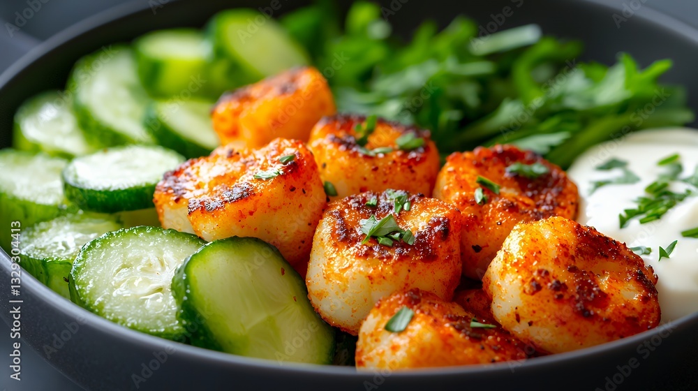 Seared Scallop Salad with Cucumber and Herb Dressing Close Up Seared Scallop Salad with Cucumber and Herb Dressing Close Up