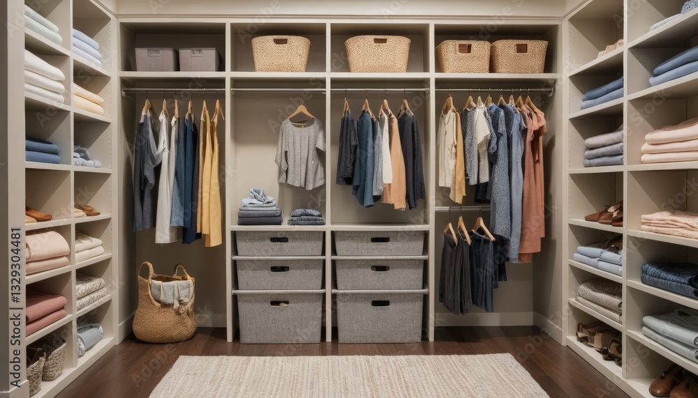 A well-organized closet features neatly hung clothes and stacked towels, promoting efficient storage ideas, perfect for home organization enthusiasts and interior designers. A well-organized closet features neatly hung clothes and stacked towels, promoting efficient storage ideas, perfect for home organization enthusiasts and interior designers.