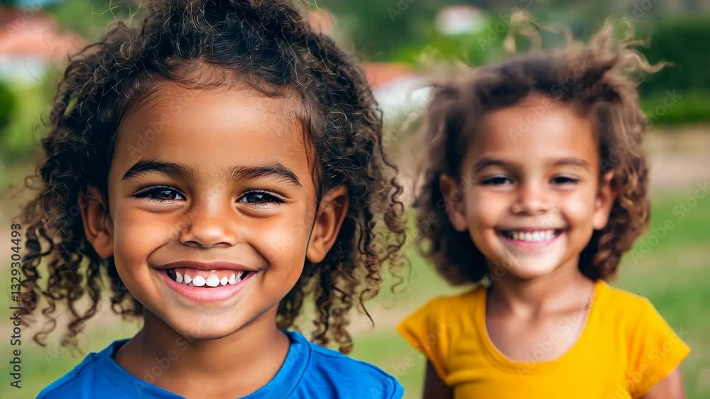 Two young girls are smiling and standing in a grassy field Two young girls are smiling and standing in a grassy field