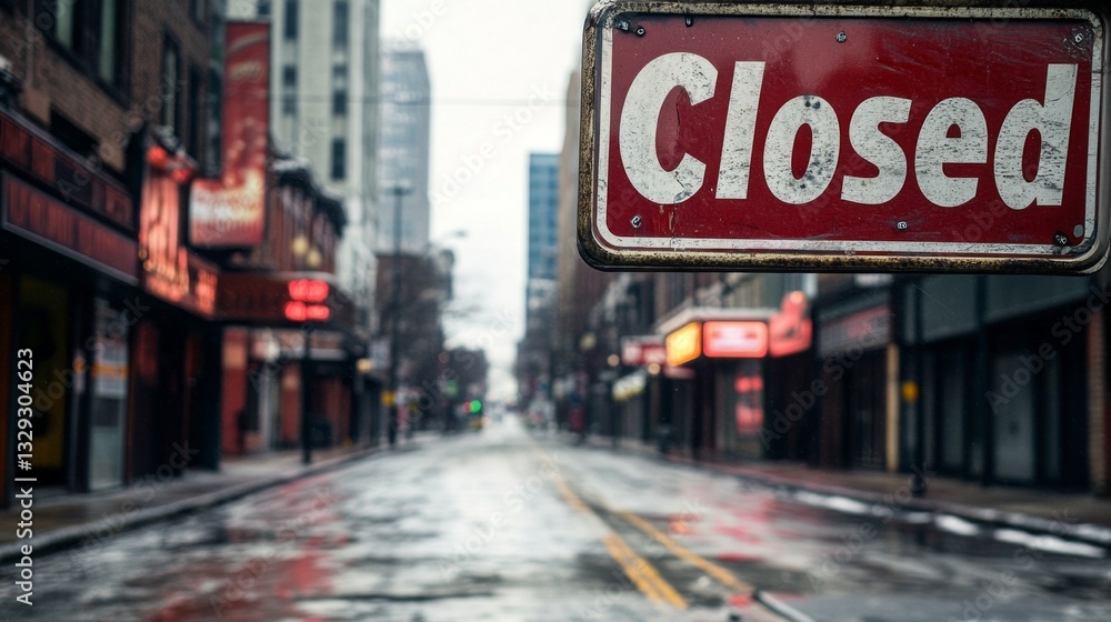 Obraz premium An empty street lined with numerous closed signs on shop doors highlights the stark economic collapse in an urban area, signaling the end of a once-thriving community.