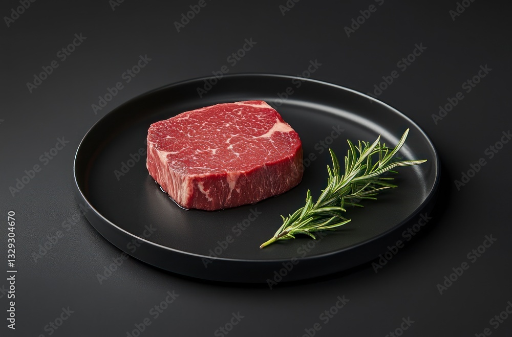 Preparing Fresh Raw Beef Steak on Plate Garnished with Rosemary Preparing Fresh Raw Beef Steak on Plate Garnished with Rosemary
