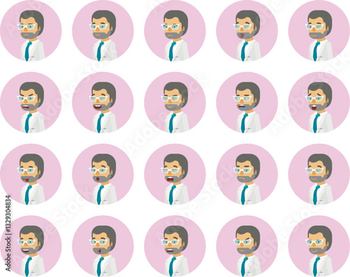 Vector scientist man in lab coat avatars and emoticons set in flat style, side view.