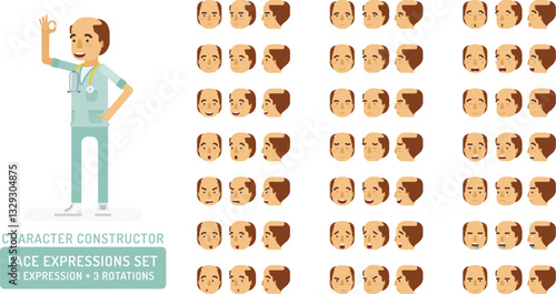 Vector adult man in doctor coat with stethoscope character face expressions set in flat style: front, half-side and side view.