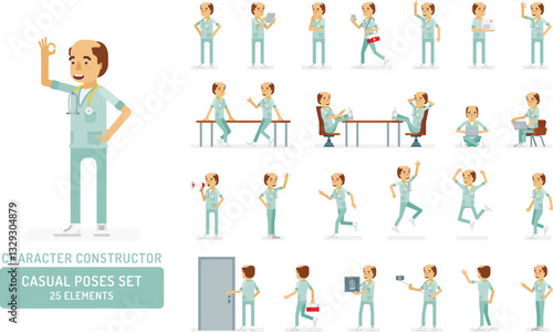 Vector adult man in doctor coat with stethoscope ready-to-use character casual poses set in flat style. Full length, gestures, emotions, front, side, back view.
