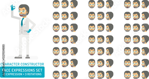 Vector scientist man in lab coat and gloves character face expressions set in flat style: front, half-side and side view.