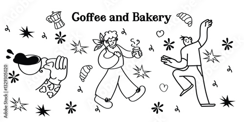 Cute and playful hand-drawn coffee shop icons in vector format. This set includes outline doodles of coffee drinks, bakery treats, café tools, and supplies—ideal for menu design, social media, and coz