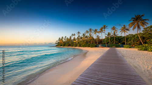 Fototapeta Naklejka Na Ścianę i Meble -  Wooden boardwalk leads to tropical beach at sunrise, turquoise water, palm trees, sandy shore, serene idyllic scene, evokes relaxation and vacation