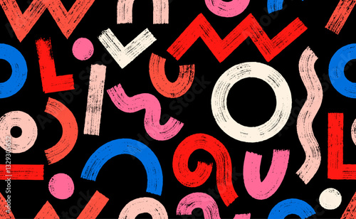 Geometric Seamless Pattern. Seamless Abstract Vector Colored Pattern. Template Grunge Straight Brush Stroke, Bold, Circles, Zigzag Lines. Hand Drawn Ink Illustration In 80-90s Style Seamless Pattern.