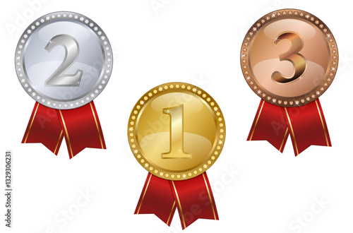Gold, Silver & Bronze Medals with Red Ribbons and Diamond Engraved Borders. 1, 2 and 3 Place Winner Awards Isolated Graphics