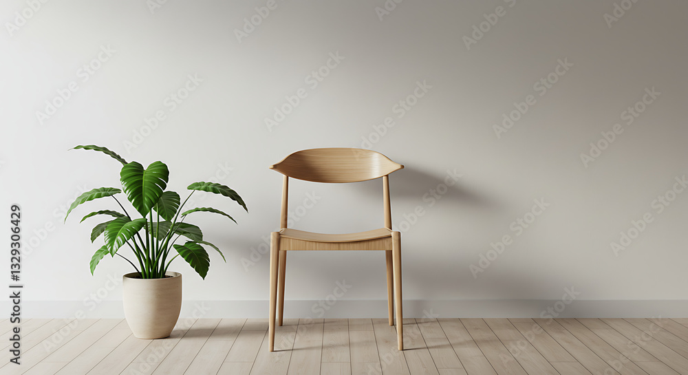 Fototapeta premium Minimalist Living: A study in understated elegance, featuring a wooden chair and a potted plant against a clean wall. A study in form, texture, and tranquility