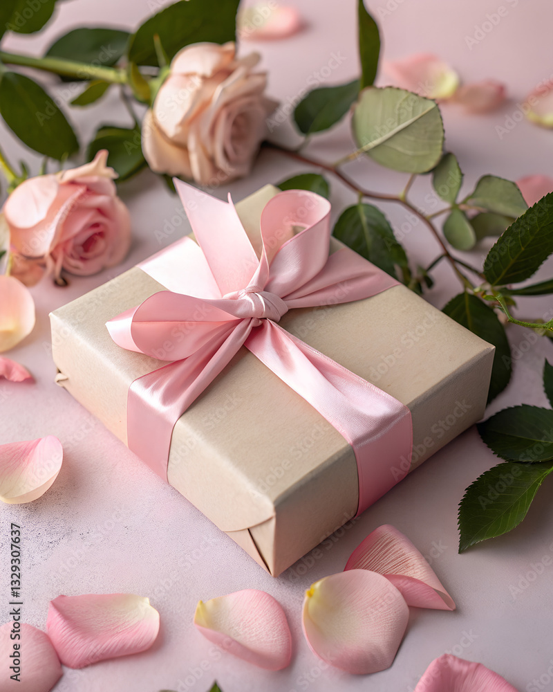 Elegant gift box with satin ribbon surrounded by delicate pink roses and scattered petals, perfect Mother’s Day present with romantic floral composition Elegant gift box with satin ribbon surrounded by delicate pink roses and scattered petals, perfect Mother’s Day present with romantic floral composition