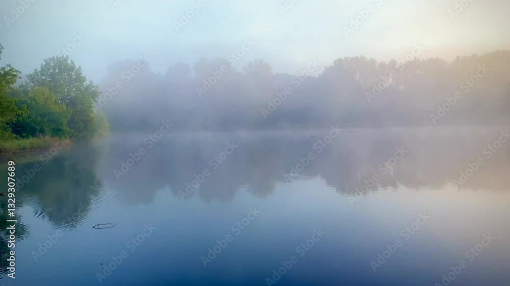 Misty calm lake reflecting the trees around it in the morning Misty calm lake reflecting the trees around it in the morning
