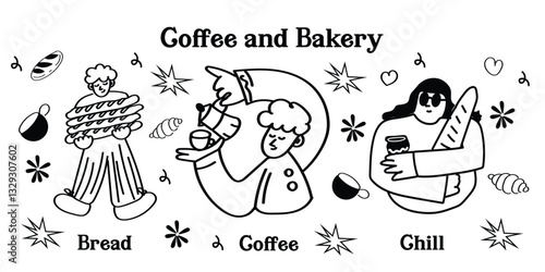 Cute and playful hand-drawn coffee shop icons in vector format. This set includes outline doodles of coffee drinks, bakery treats, café tools, and supplies—ideal for menu design, social media, and coz