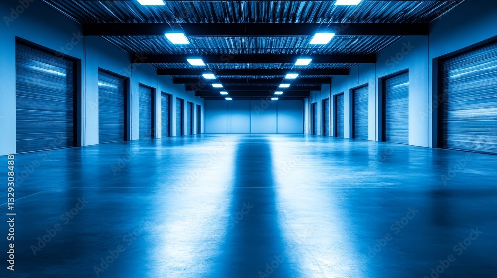 Spacious industrial warehouse with blue lighting and empty storage units, ideal for logistics use Spacious industrial warehouse with blue lighting and empty storage units, ideal for logistics use