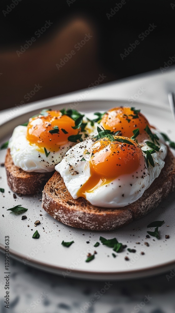 Golden runny yolk poached eggs on toast with fresh herb garnish Golden runny yolk poached eggs on toast with fresh herb garnish