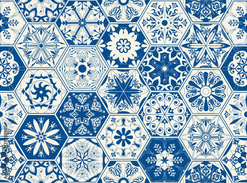 Lisbon geometric tile vector pattern, Portuguese or Spanish retro hexagonal mosaic tiles, Mediterranean seamless navy design. Decorative indigo textile background