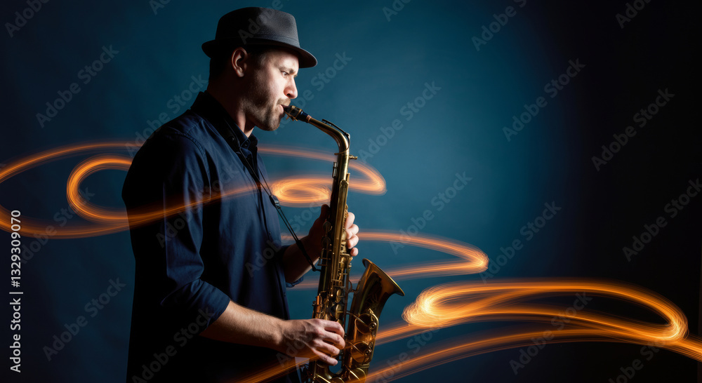 Naklejka premium Jazz musician playing saxophone with dynamic light trails on blue background
