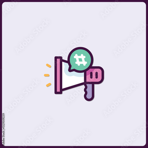 Trendy Social Media Announcement Icon with Megaphone and Hashtag Bubble