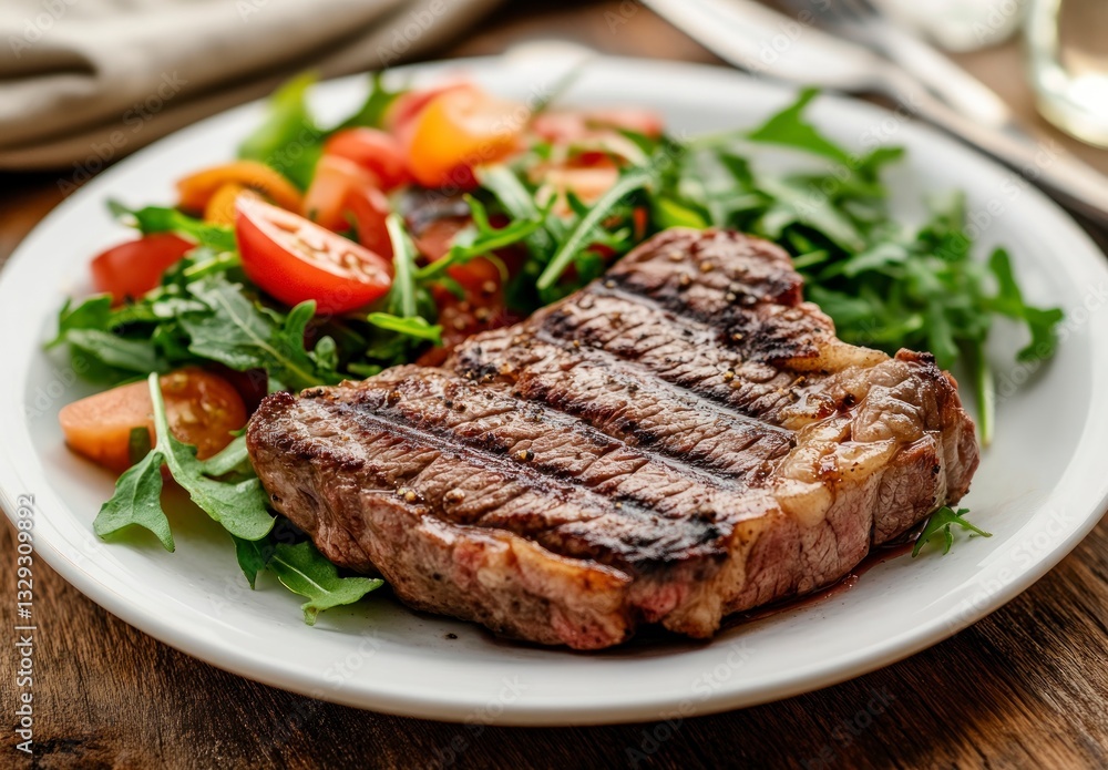 Grilled Steak with Fresh Salad on White Plate Close Up Grilled Steak with Fresh Salad on White Plate Close Up