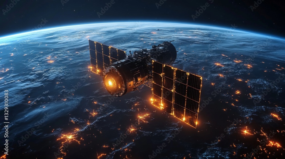 A sophisticated satellite orbits Earth, equipped with solar panels, transmitting important telemetry and gathering data on cosmic radiation while observing the planet's atmosphere.