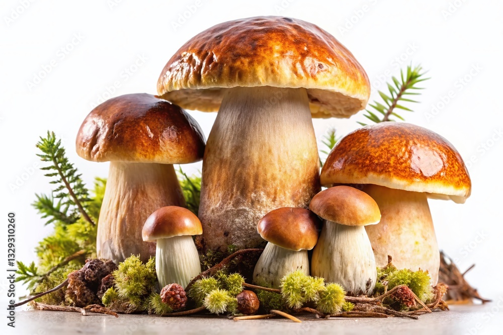 Family of Porcini Mushrooms on White Background - Forest Boletus Fungi Stock Photo Family of Porcini Mushrooms on White Background - Forest Boletus Fungi Stock Photo