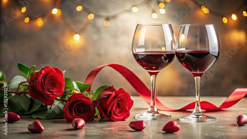 Romantic red wine still life: roses, hearts, and ribbon delicately arranged against a luminous backdrop.