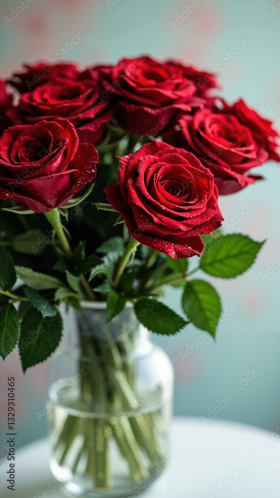 Vibrant Red Roses in a Crystal Vase: Perfect for Greeting Cards, Floral Ads, and Romantic Event Promotions Vibrant Red Roses in a Crystal Vase: Perfect for Greeting Cards, Floral Ads, and Romantic Event Promotions