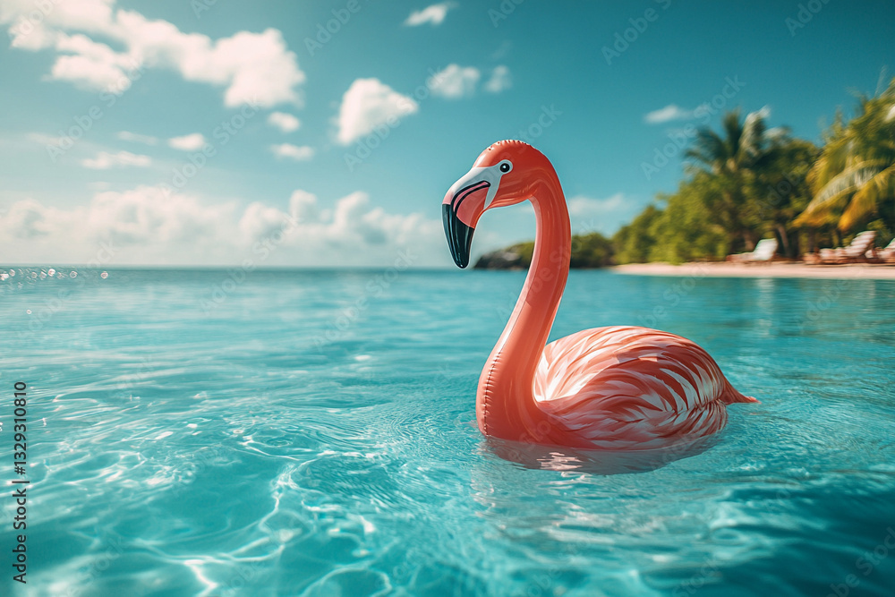 Fototapeta premium Bright inflatable flamingo floating in tropical water