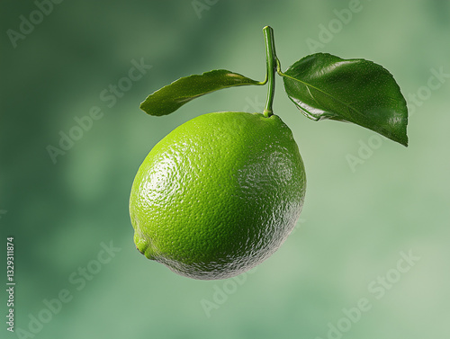 Fresh green lime hanging from branch with leaves