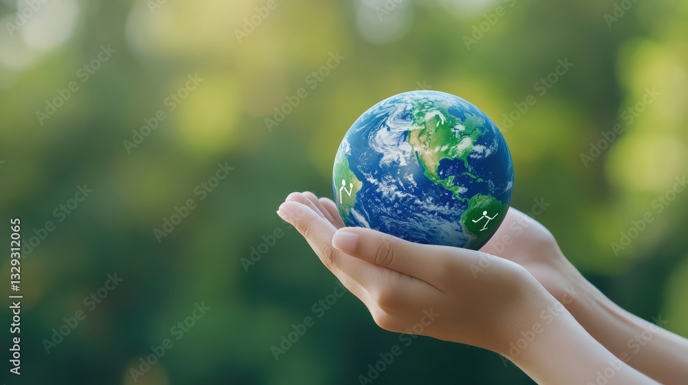A person holds a small globe representing Earth, symbolizing care and responsibility for the environment against a blurred green background. A person holds a small globe representing Earth, symbolizing care and responsibility for the environment against a blurred green background.