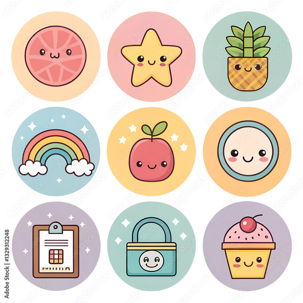 Fototapeta premium Cute graphic icons featuring colorful elements suitable for various digital projects PNG transparent stickers,
