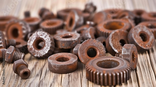 Rusty metal gears and bolts on a weathered wooden workbench, close up of mechanical wear, repair tools and industrial texture details