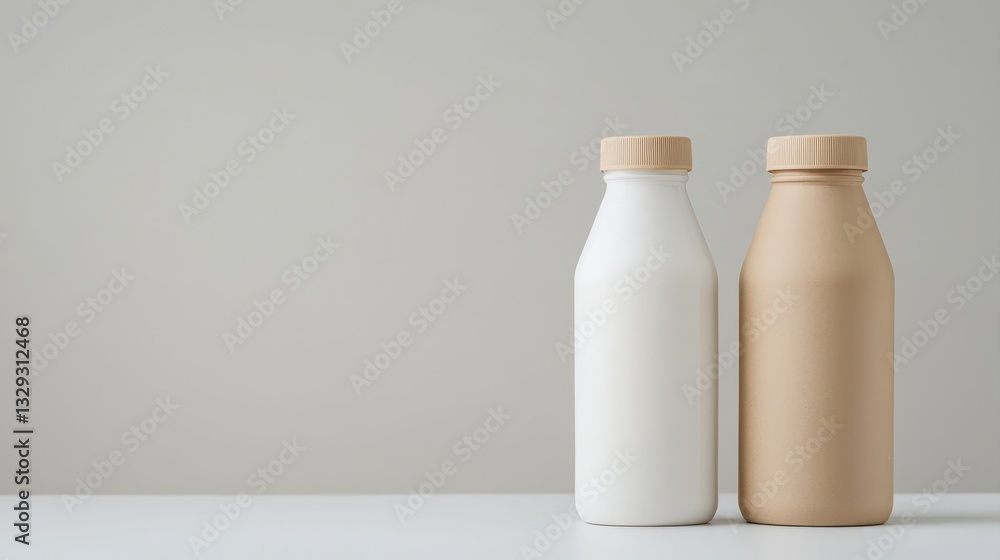 Two stylish bottles of milk, one white and one beige, are displayed against a simple, muted background, emphasizing their design and color contrast. Two stylish bottles of milk, one white and one beige, are displayed against a simple, muted background, emphasizing their design and color contrast.