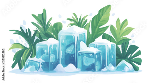 A digital illustration depicting several translucent blue ice cubes of varying sizes nestled amongst stylized green tropical leaves. The ice cubes appear to be resting on a small amount of white,