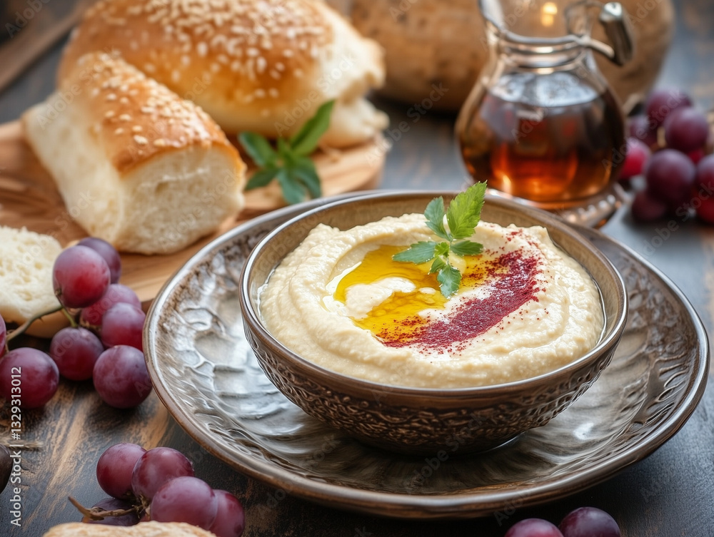Delicious hummus decorated with paprika, olive oil and parsley served with grapes and bread Delicious hummus decorated with paprika, olive oil and parsley served with grapes and bread