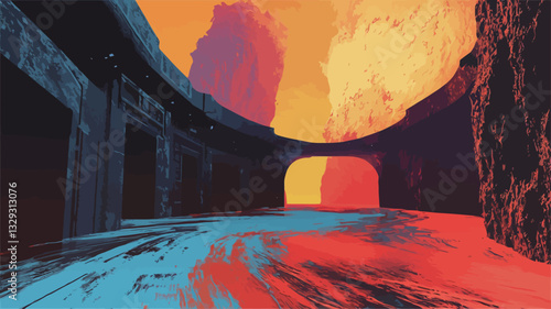 The image is a digital illustration or painting depicting an abstract urban scene. The dominant features are a curved passageway or tunnel with archways, rendered in dark blues and blacks.  A