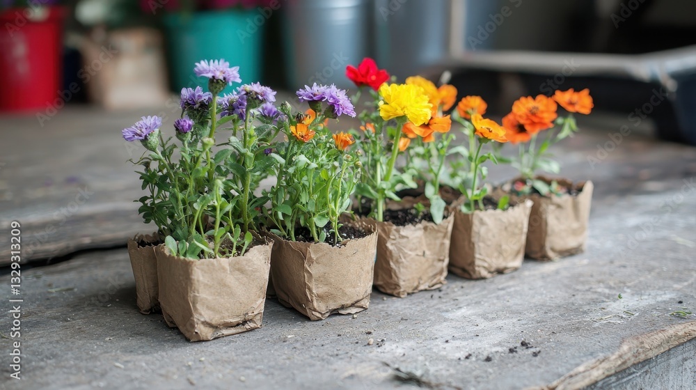 Colorful flowers in biodegradable pots arranged on a rustic surface, showcasing a vibrant display of nature and eco-friendly gardening. Colorful flowers in biodegradable pots arranged on a rustic surface, showcasing a vibrant display of nature and eco-friendly gardening.