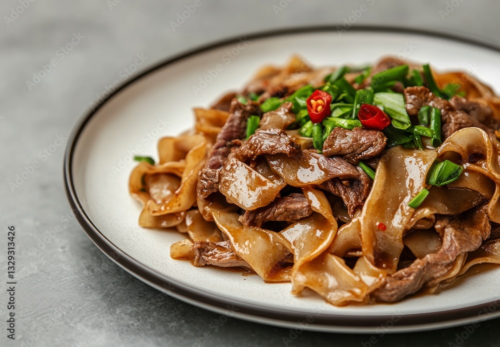 Savory Beef Chow Fun Noodles with Scallions and Chili Peppers Savory Beef Chow Fun Noodles with Scallions and Chili Peppers