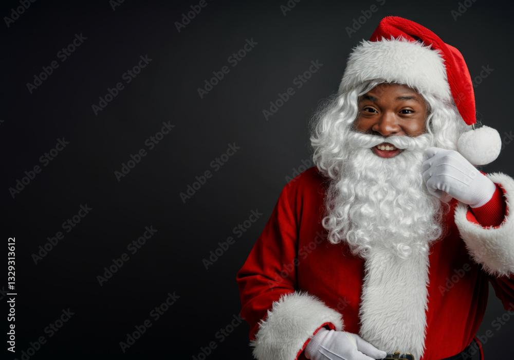 Cheerful African American Santa Claus in red suit on dark background Cheerful African American Santa Claus in red suit on dark background