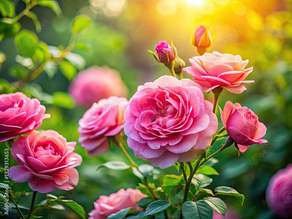 Soft-focus bokeh highlights a serene portrait amidst a pink rose garden. Soft-focus bokeh highlights a serene portrait amidst a pink rose garden.