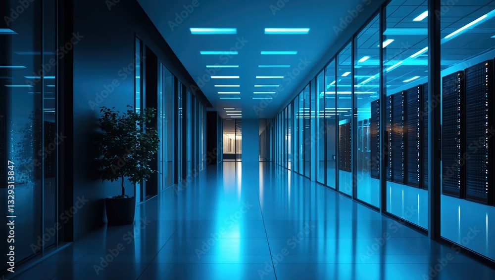 Exploring Modern Server Room: Night-Time Architecture, Blue Lighting, and Glass Walls Design Exploring Modern Server Room: Night-Time Architecture, Blue Lighting, and Glass Walls Design